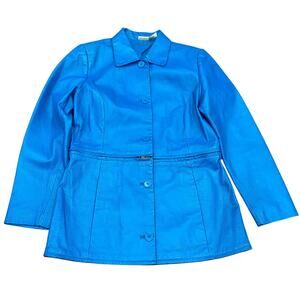 Vintage 90s Newport News Womens 3 in 1 Zip Off Blue Leather Trench Coat Medium